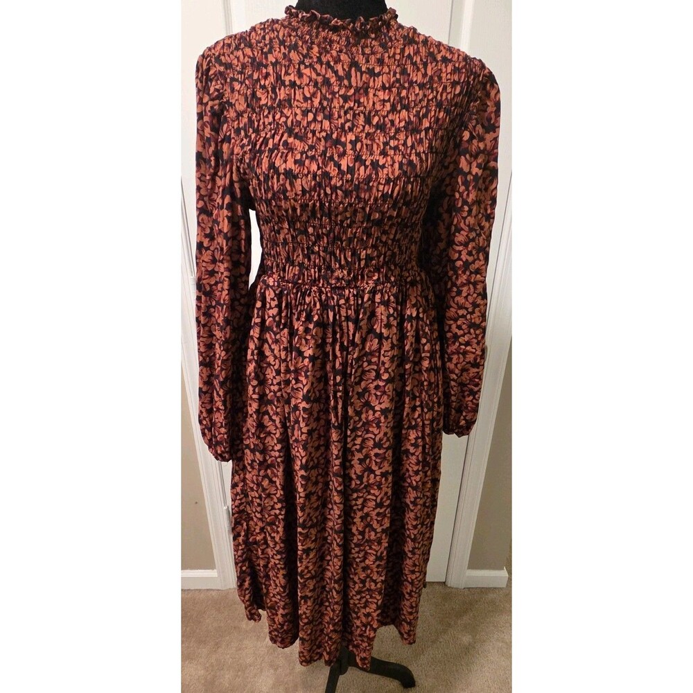 A New Day Black/Brown Floral High Neck Smocked Puff Sleeve Dress - Women's M